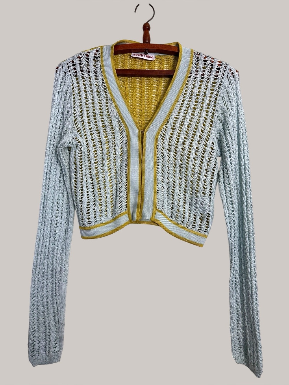 See by Chloe Light Blue and Yellow Open-Knit Cropped Cardigan Sweater Size 36